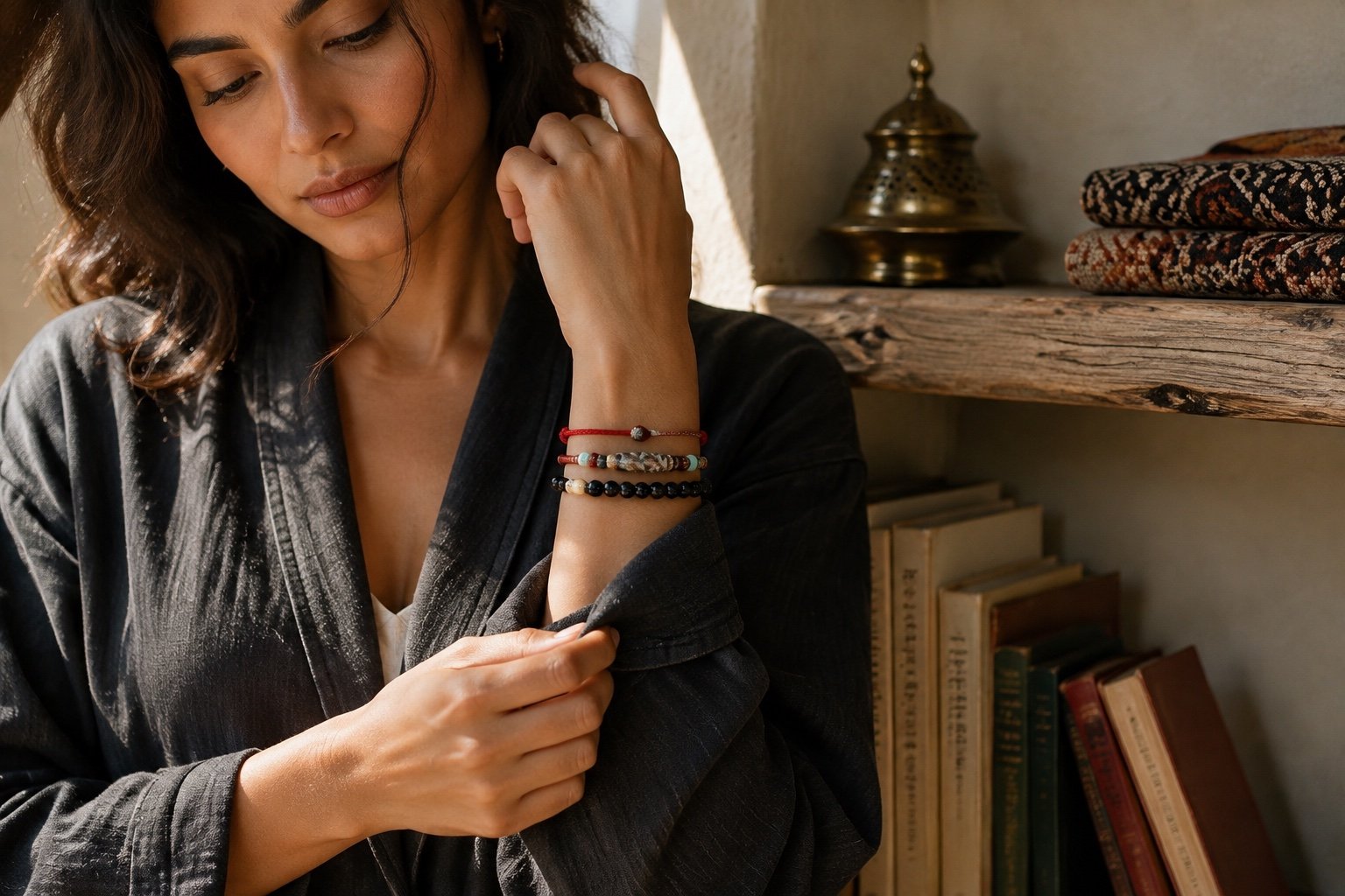Olive-skinned woman wearing a red cord, contemporary Dzi focal, and black obsidian bracelet stack in a quiet reading room