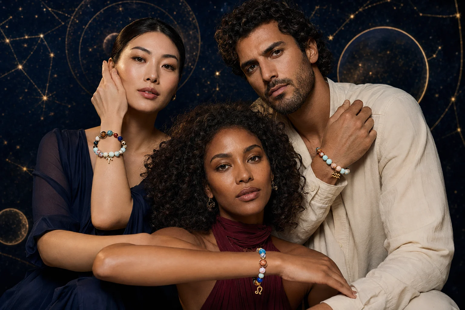 Two women and one man wearing different Celestial Light Planetary Bead Bracelets in a zodiac-inspired portrait