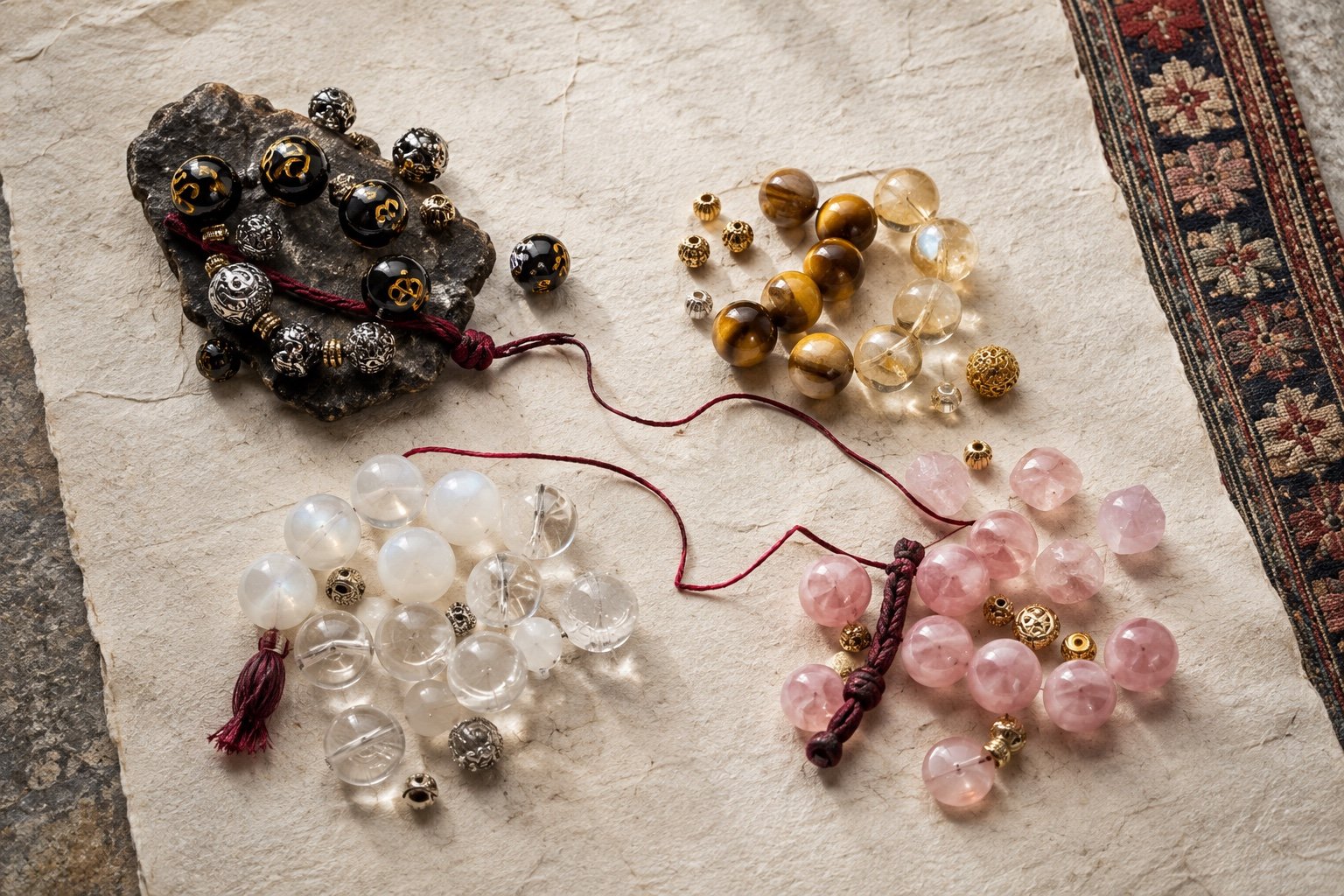 Obsidian, tiger eye, citrine, moonstone, clear quartz, and rose quartz bead groupings connected by deep red thread