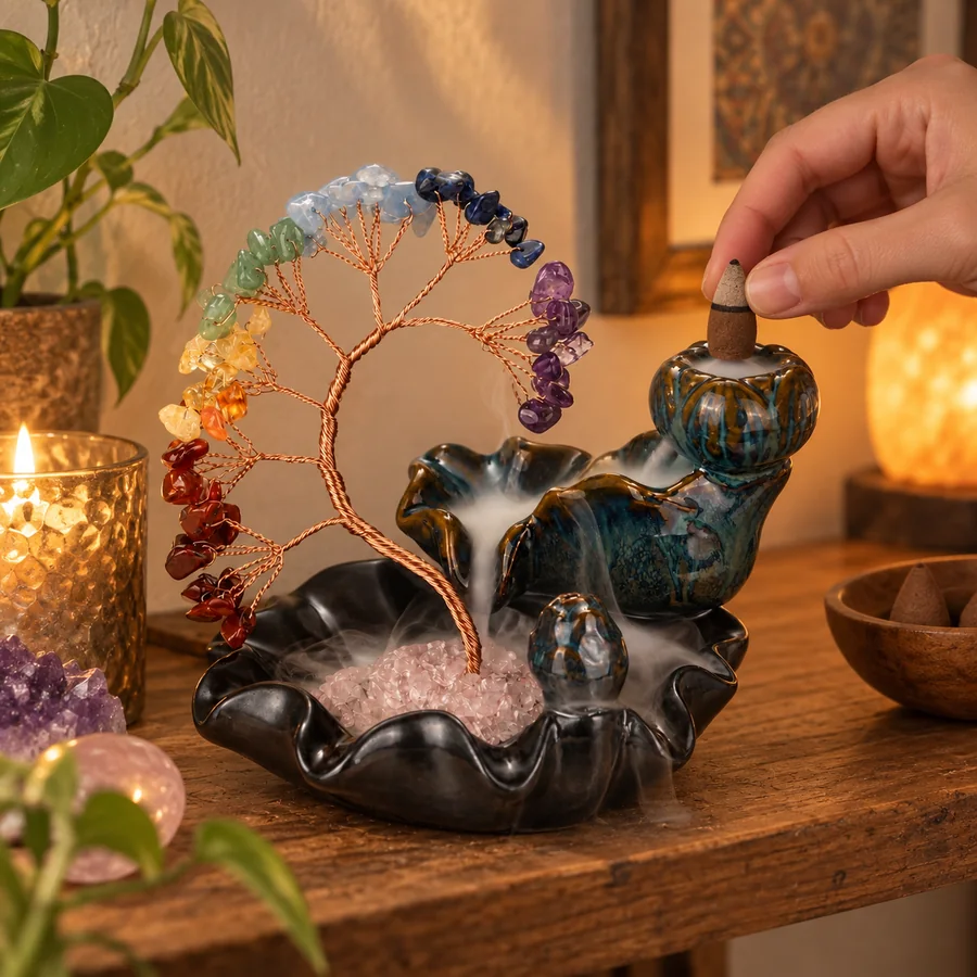 Styled customer scene featuring Seven Chakra Crystal Tree Incense Burner