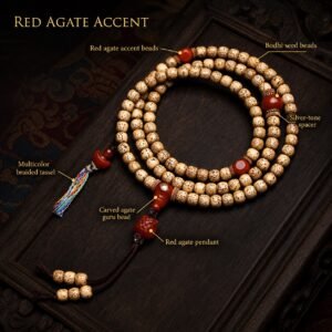 108-Bead Bodhi Seed Prayer Mala - Red Agate Accent