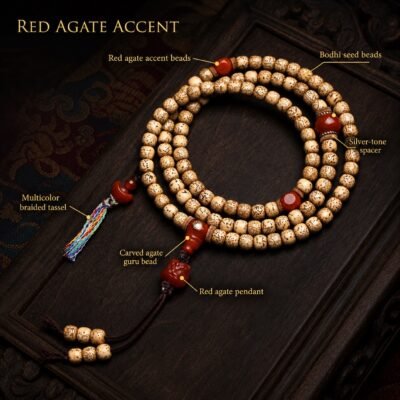 108-bead-bodhi-seed-prayer-mala-variant-red-agate-accent-labeled 108-Bead Bodhi Seed Prayer Mala