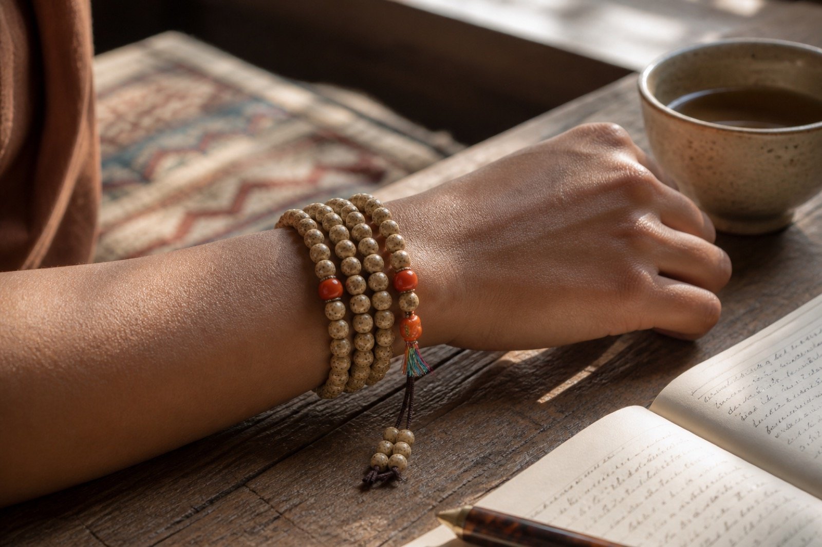 Bodhi seed mala wrapped loosely around a wrist