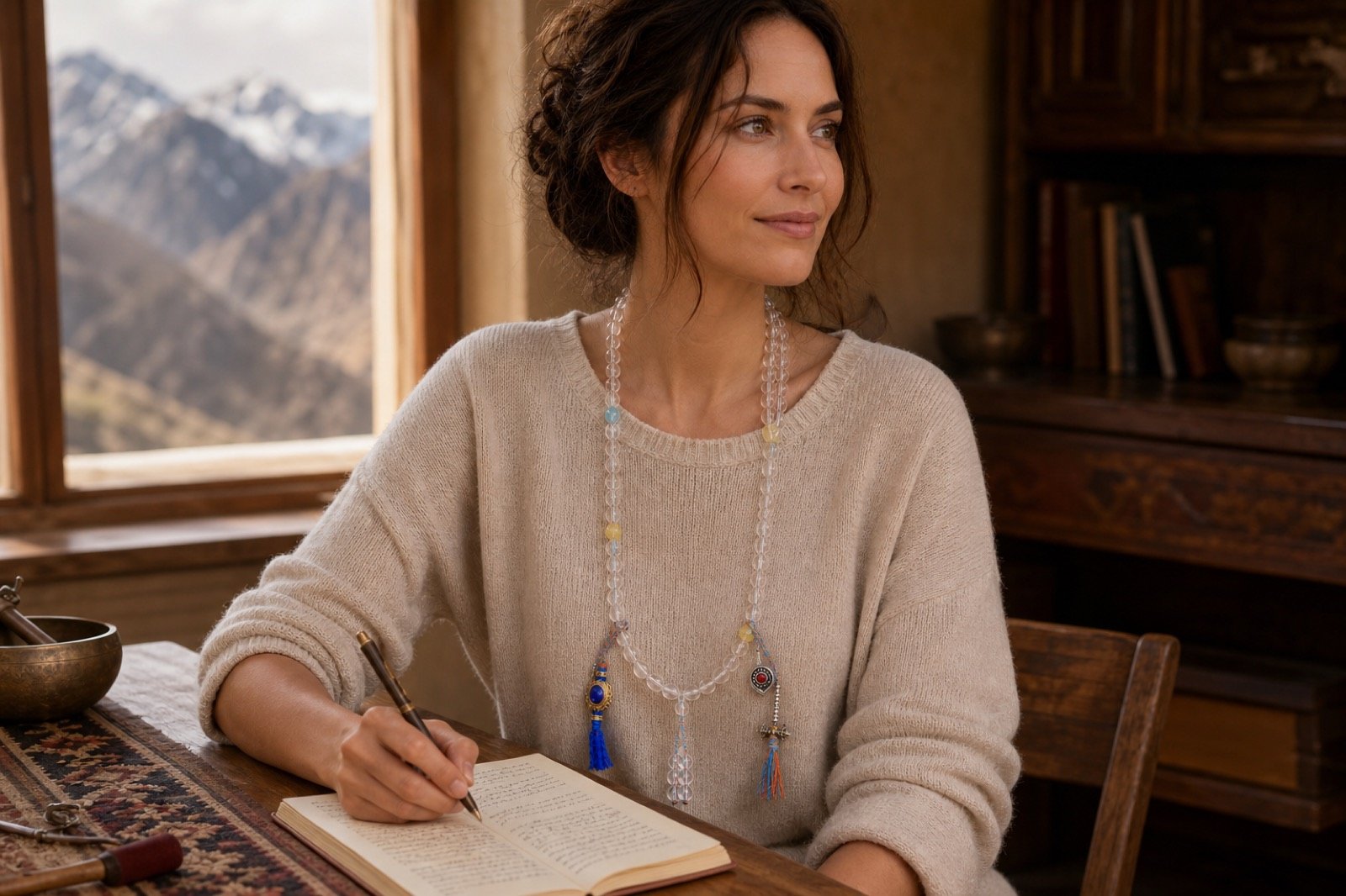 Woman wearing a clear quartz Tibetan protection mala while journaling