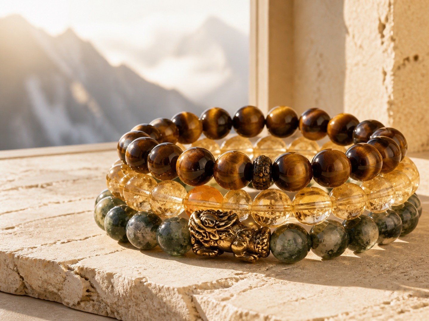 Tiger eye, citrine, and moss agate bracelets arranged in a warm golden stack