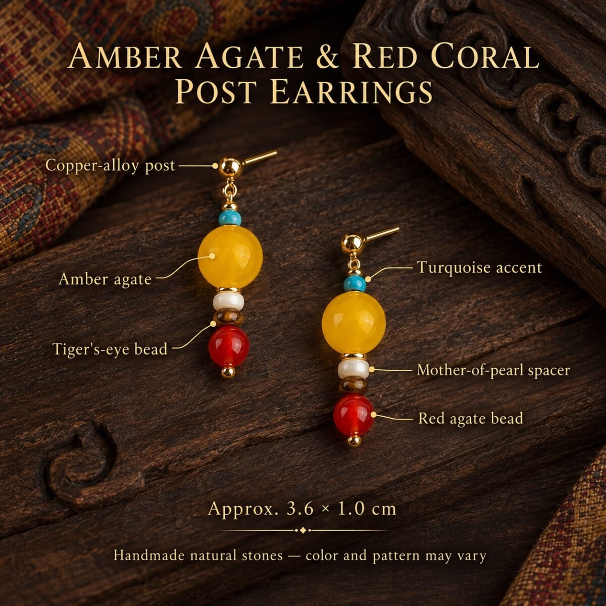 Amber Agate & Red Coral Post Earrings
