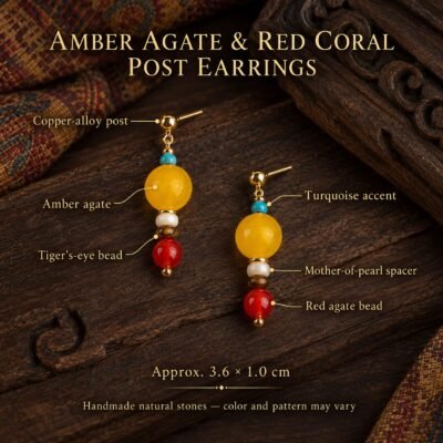Amber Agate & Red Coral Post Earrings