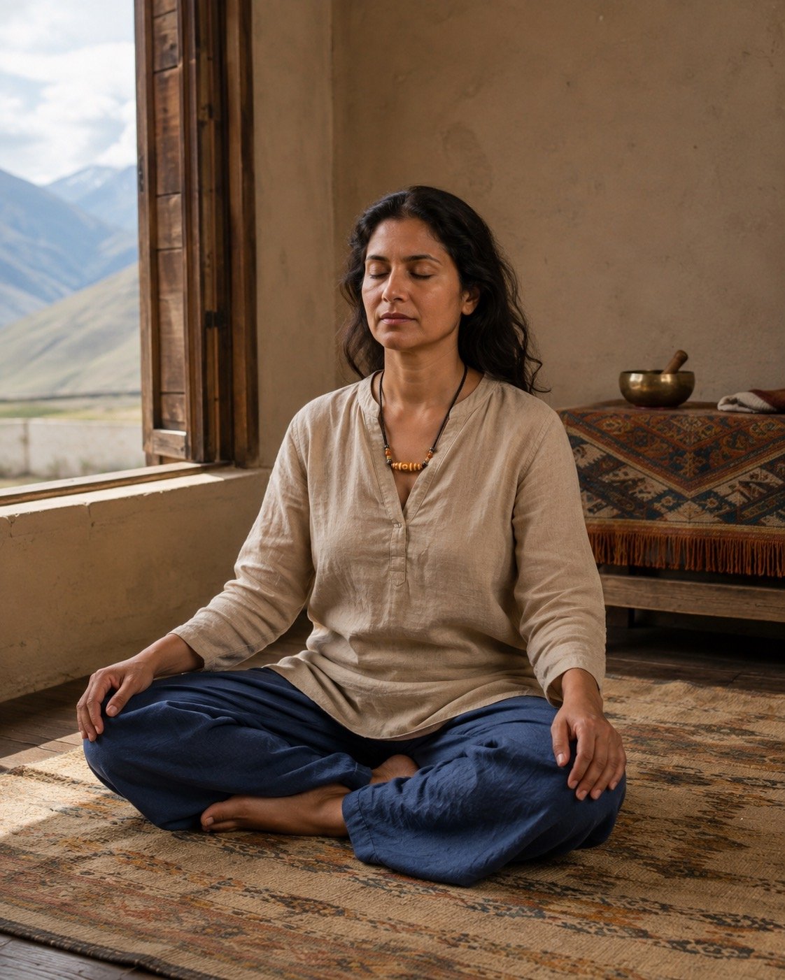 Woman wearing an amber Dzi necklace during seated meditation