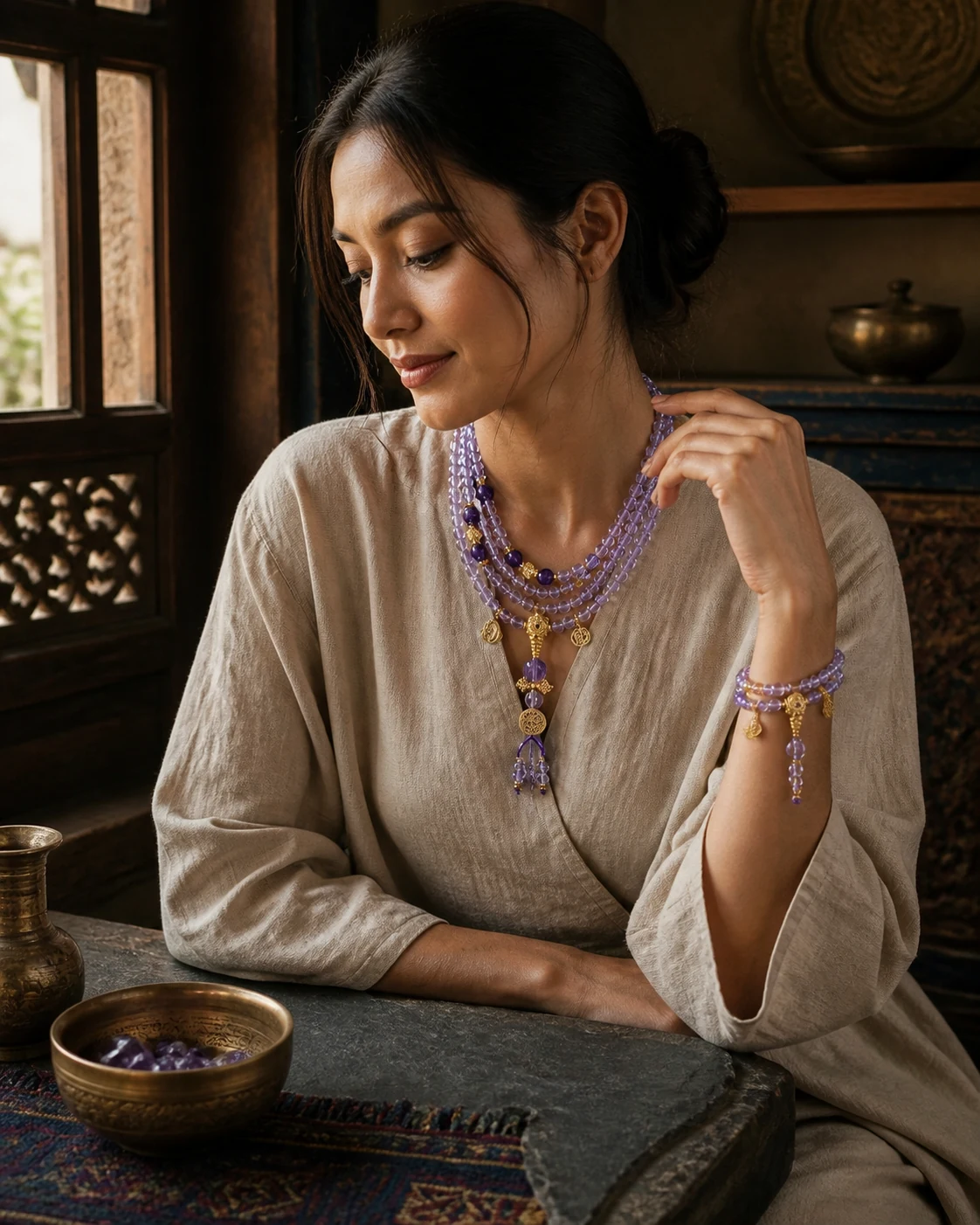 Amethyst and clear quartz multi-wrap mala worn as both layered necklace and bracelet
