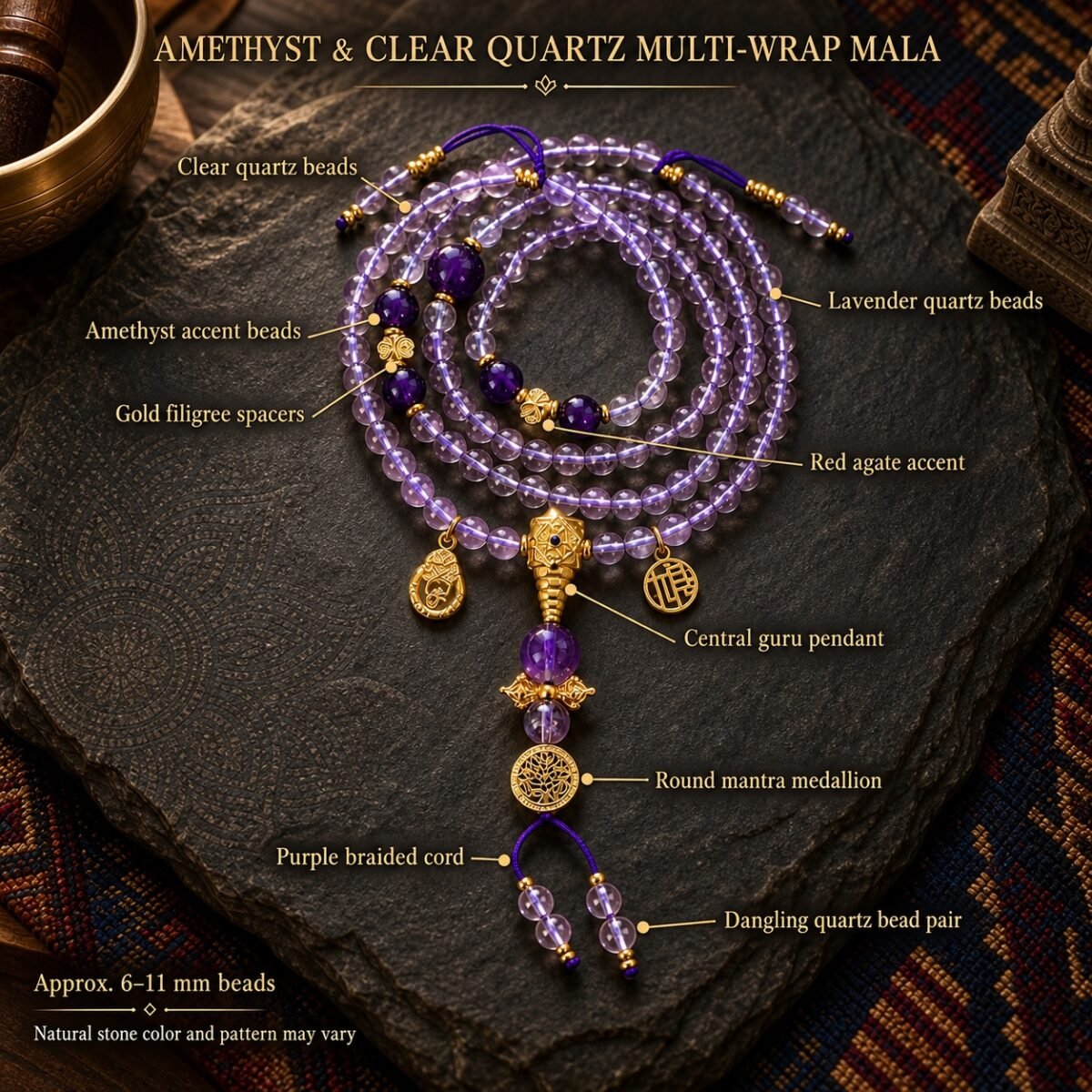 amethyst-clear-quartz-multi-wrap-mala-07-components Amethyst & Clear Quartz Multi-Wrap Mala
