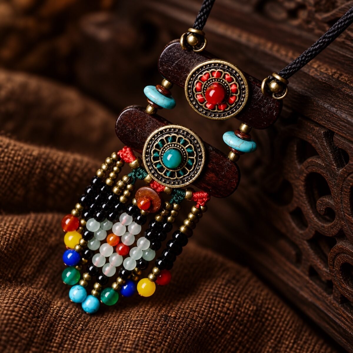Ancient Grove Boho Talisman Necklace pendant detail with wood, turquoise-toned beads and red accents