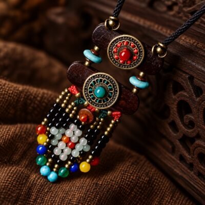 Ancient Grove Boho Talisman Necklace pendant detail with wood, turquoise-toned beads and red accents