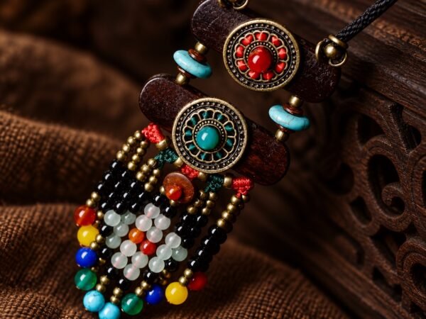 Ancient Grove Boho Talisman Necklace pendant detail with wood, turquoise-toned beads and red accents