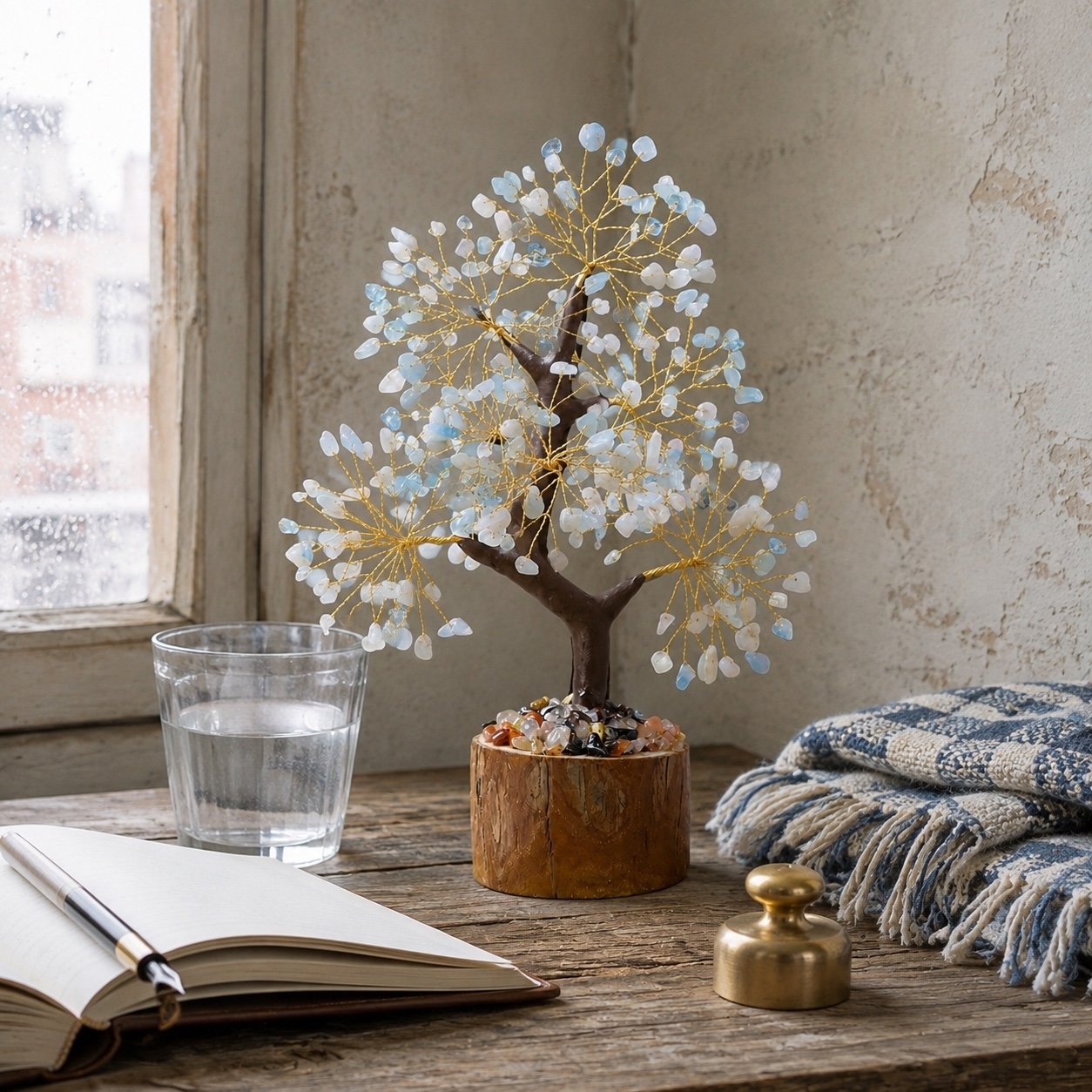 Aquamarine gemstone tree on a writing desk