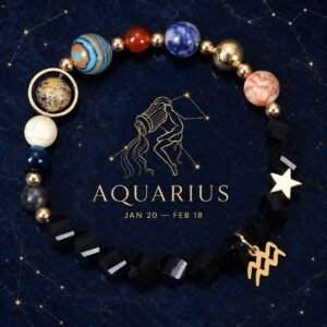 Aquarius Zodiac Bracelet with glossy black faceted natural-stone beads