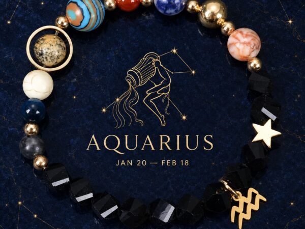Aquarius Zodiac Bracelet with glossy black faceted natural-stone beads