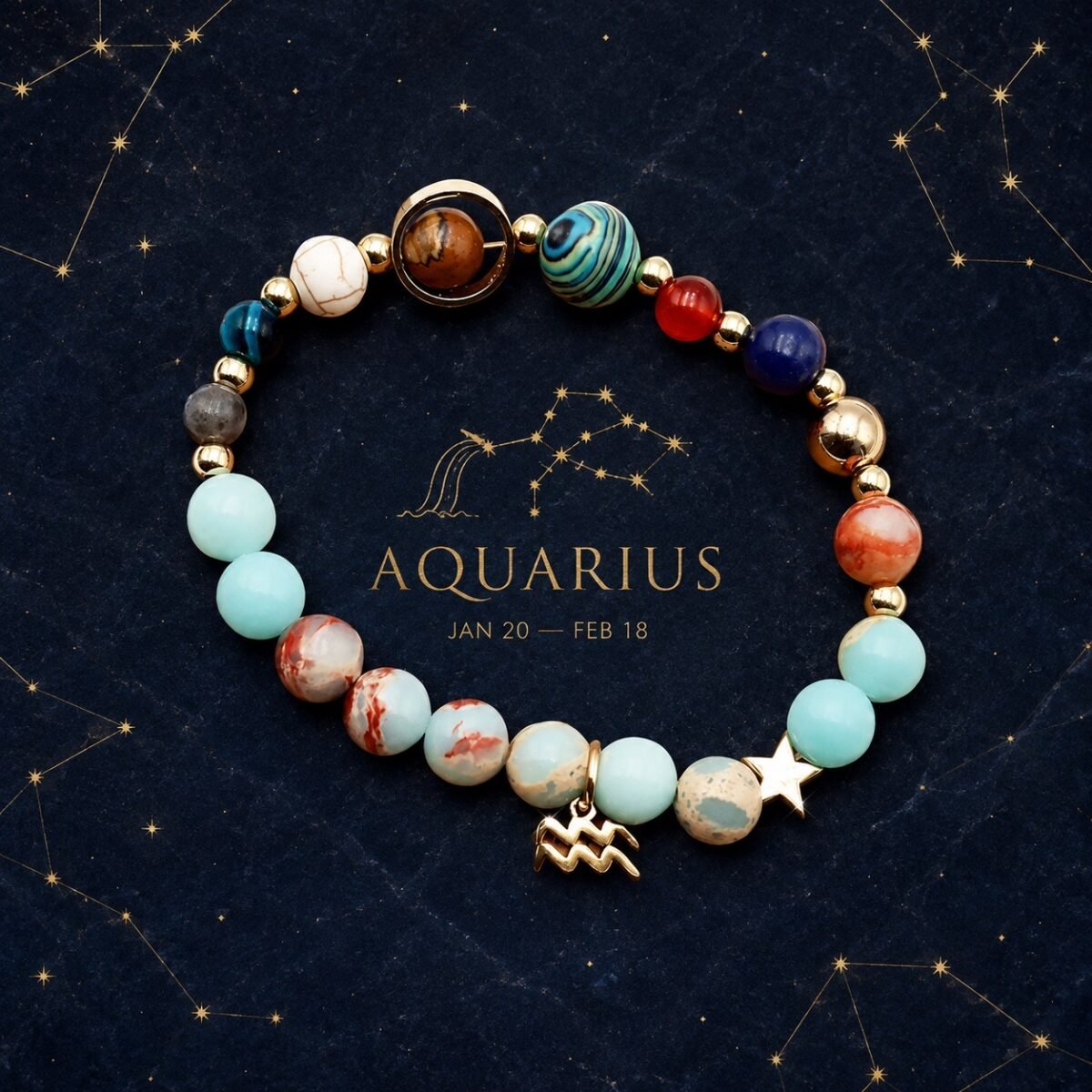 Aquarius Planetary Bracelet with sky-blue, cream, and pale marbled natural-stone beads