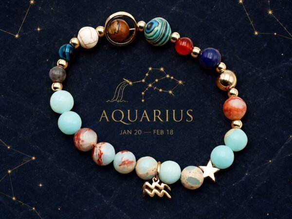 Aquarius Planetary Bracelet with sky-blue, cream, and pale marbled natural-stone beads