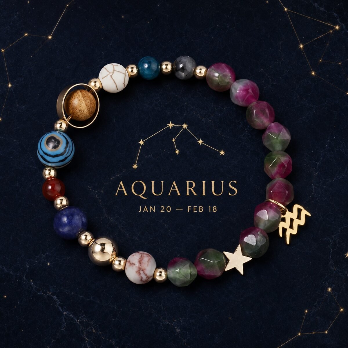 Faceted Bracelet for Aquarius featuring red and green faceted natural-stone beads
