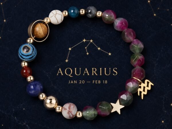 aquarius-zodiac-red-green-faceted-bracelet-01-product-v2 Faceted Bracelet for Aquarius featuring red and green faceted natural-stone beads