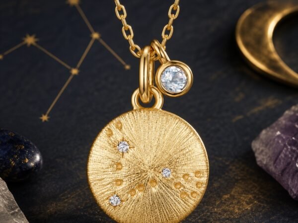 Aries gold zodiac medallion necklace with diamond accent