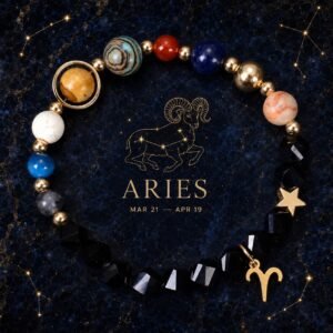 Aries Zodiac Bracelet with glossy black faceted natural-stone beads