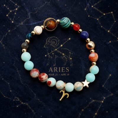 Aries Planetary Bracelet with sky-blue, cream, and pale marbled natural-stone beads