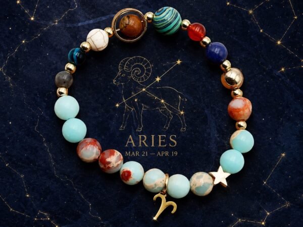 Aries Planetary Bracelet with sky-blue, cream, and pale marbled natural-stone beads