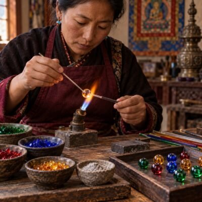 ash-glass-bead-artisan-making Tibetan Wealth Guardian Car Charm