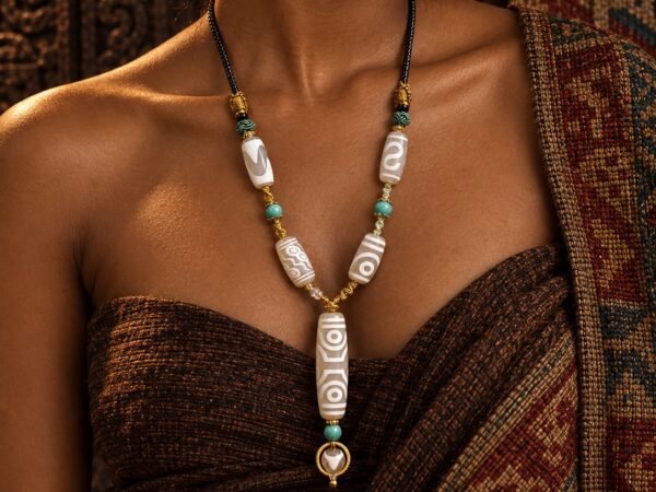 black-cord-dzi-necklace-black-model-wearing-v2 White Eight-Eye Dzi Necklace with white focal bead and adjustable layered cord