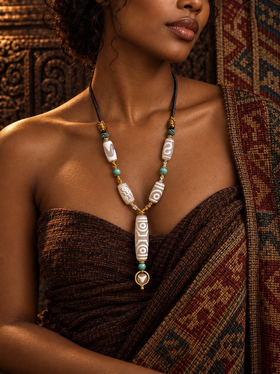 White Eight-Eye Dzi Necklace with white focal bead and adjustable layered cord