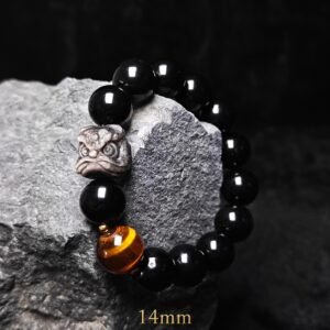 Awakened Lion Tiger Eye & Obsidian Protection Bracelet - Black Obsidian Lion + Tiger Eye - 14mm