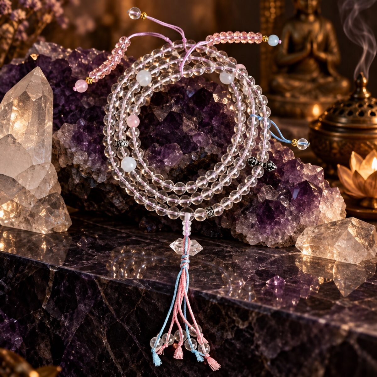 Blush Clear Quartz Tassel Mala