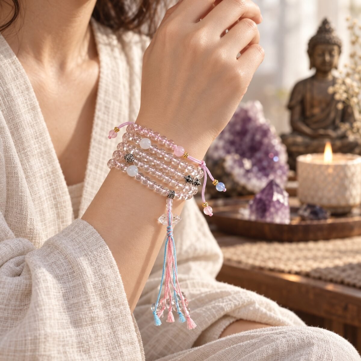 Blush Clear Quartz Tassel Mala