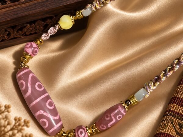 Blush Dzi Necklace with a blush-toned 38 mm focal bead and eye motif