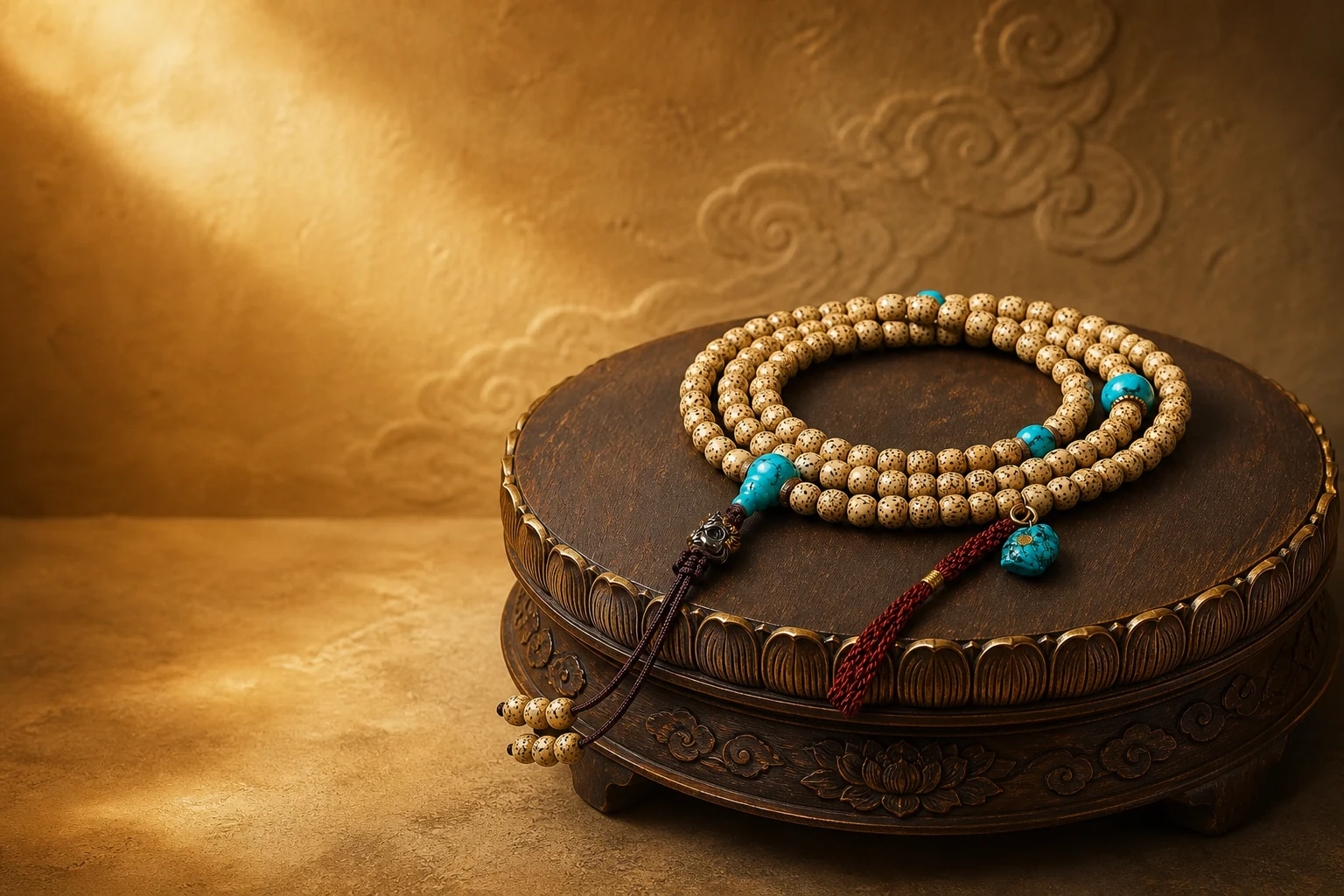 Bodhi seed prayer mala on a Buddhist offering stand