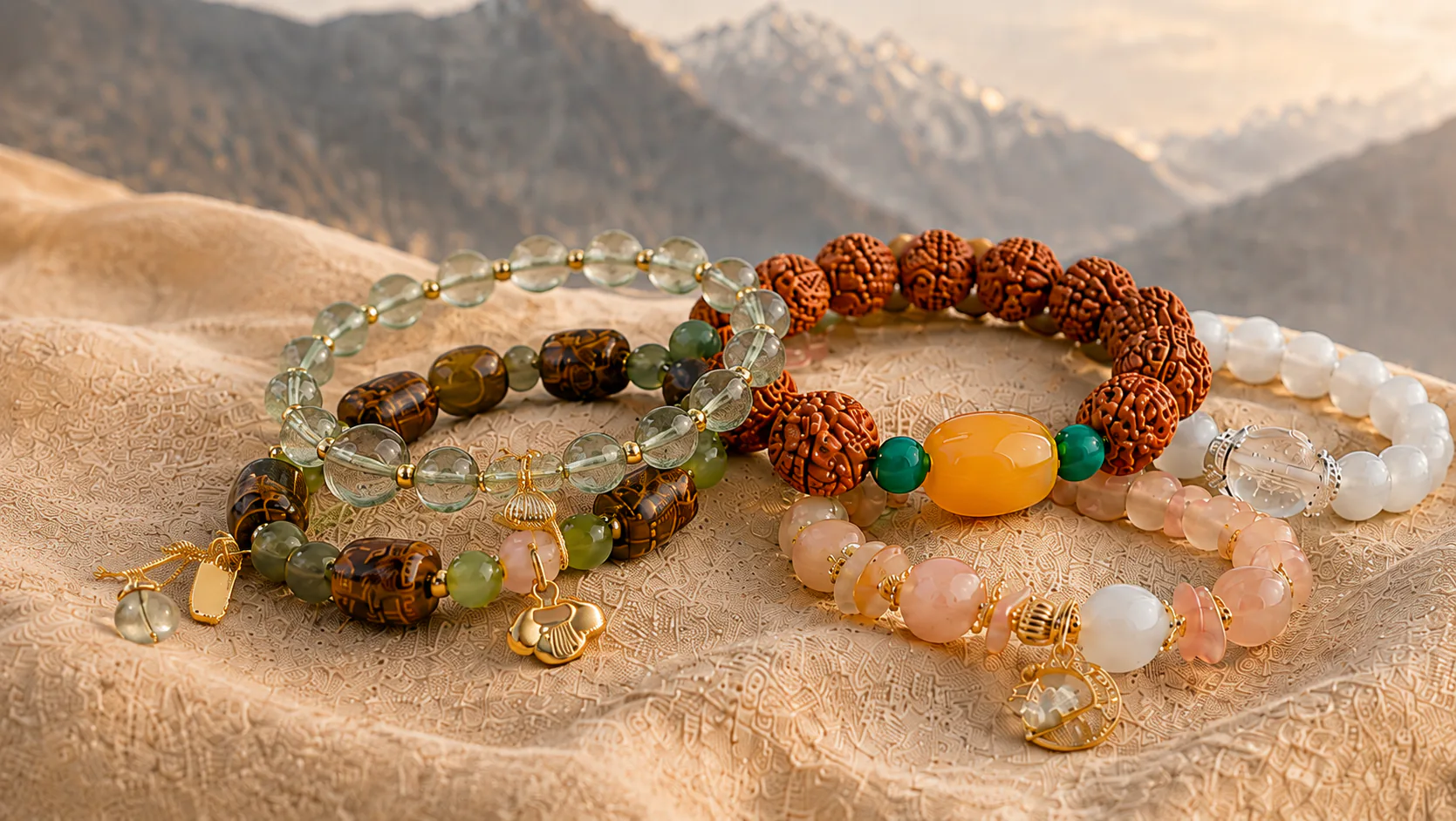 A curated collection of Himalayan Ritual crystal and seed bracelets