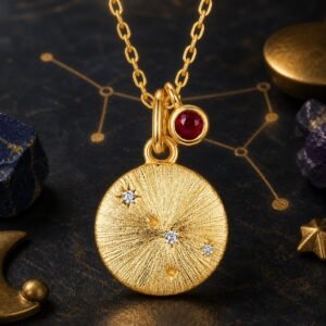 Cancer gold zodiac medallion necklace with cultured ruby accent