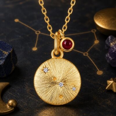 Cancer gold zodiac medallion necklace with cultured ruby accent
