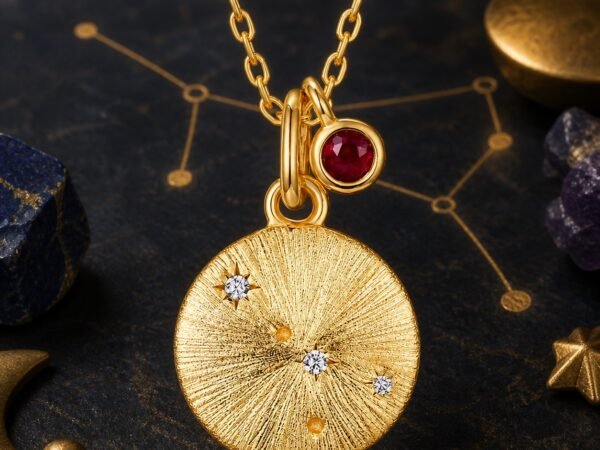 Cancer gold zodiac medallion necklace with cultured ruby accent