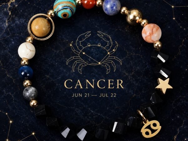 Cancer Zodiac Bracelet with glossy black faceted natural-stone beads