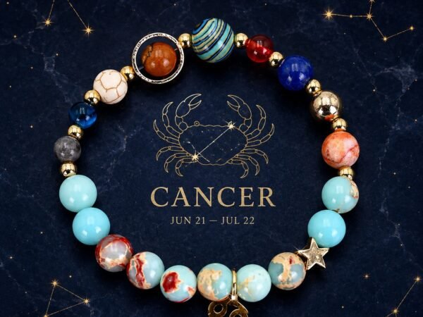 Cancer Planetary Bracelet with sky-blue, cream, and pale marbled natural-stone beads
