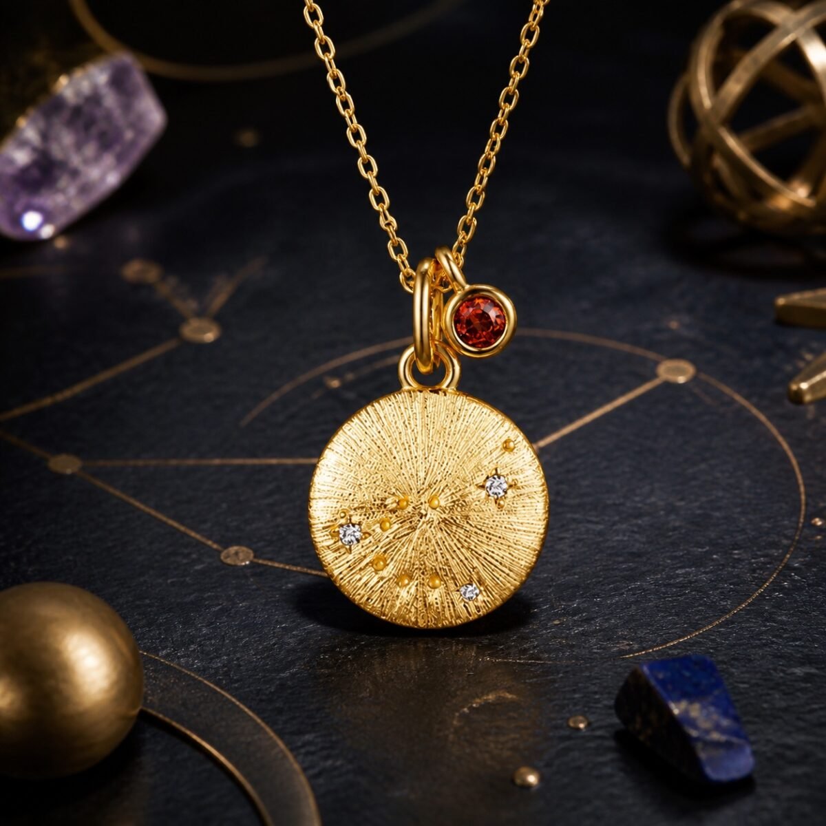 Capricorn gold zodiac medallion necklace with natural garnet accent