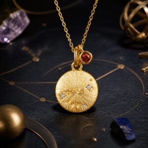 Capricorn gold zodiac medallion necklace with natural garnet accent
