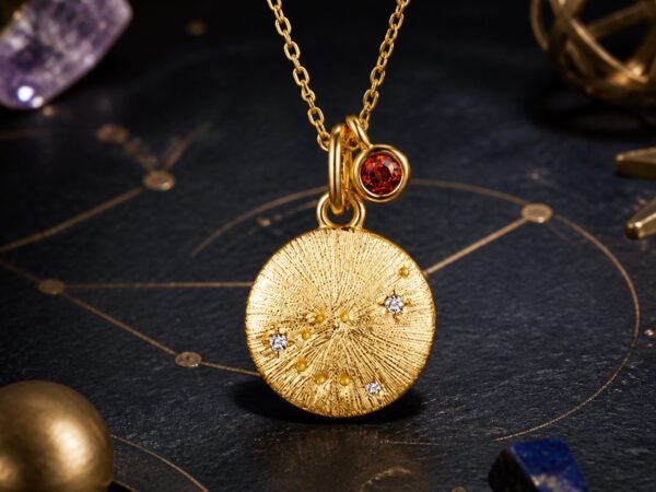 Capricorn gold zodiac medallion necklace with natural garnet accent