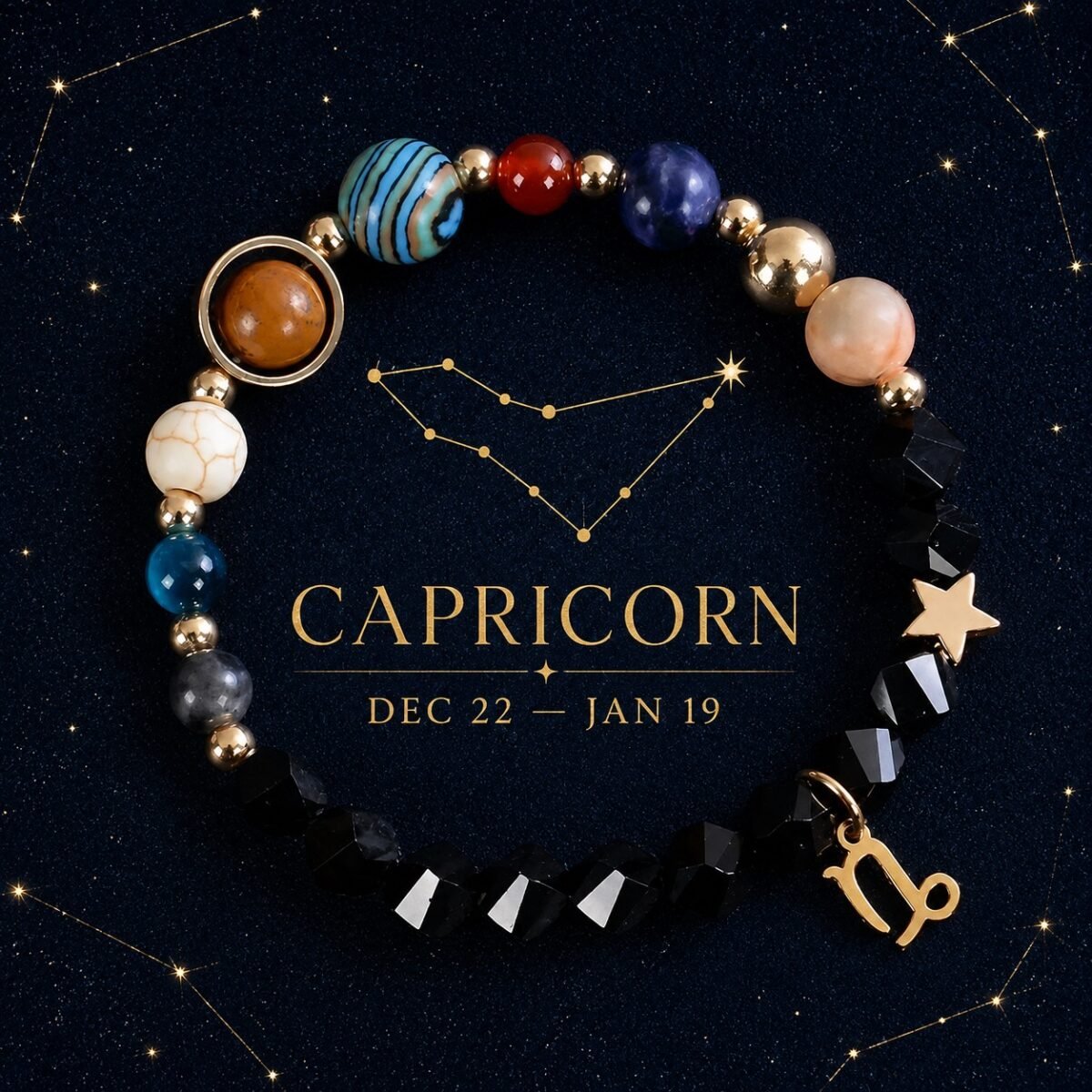 Capricorn Zodiac Bracelet with glossy black faceted natural-stone beads