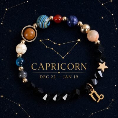 Capricorn Zodiac Bracelet with glossy black faceted natural-stone beads