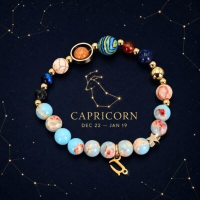 Capricorn Planetary Bracelet with sky-blue, cream, and pale marbled natural-stone beads