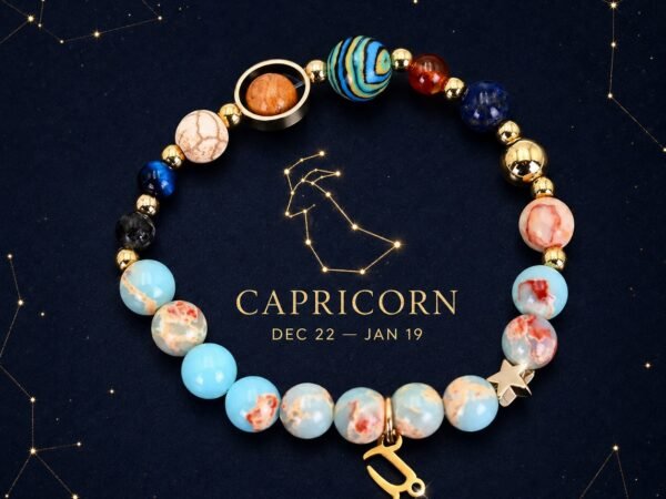Capricorn Planetary Bracelet with sky-blue, cream, and pale marbled natural-stone beads