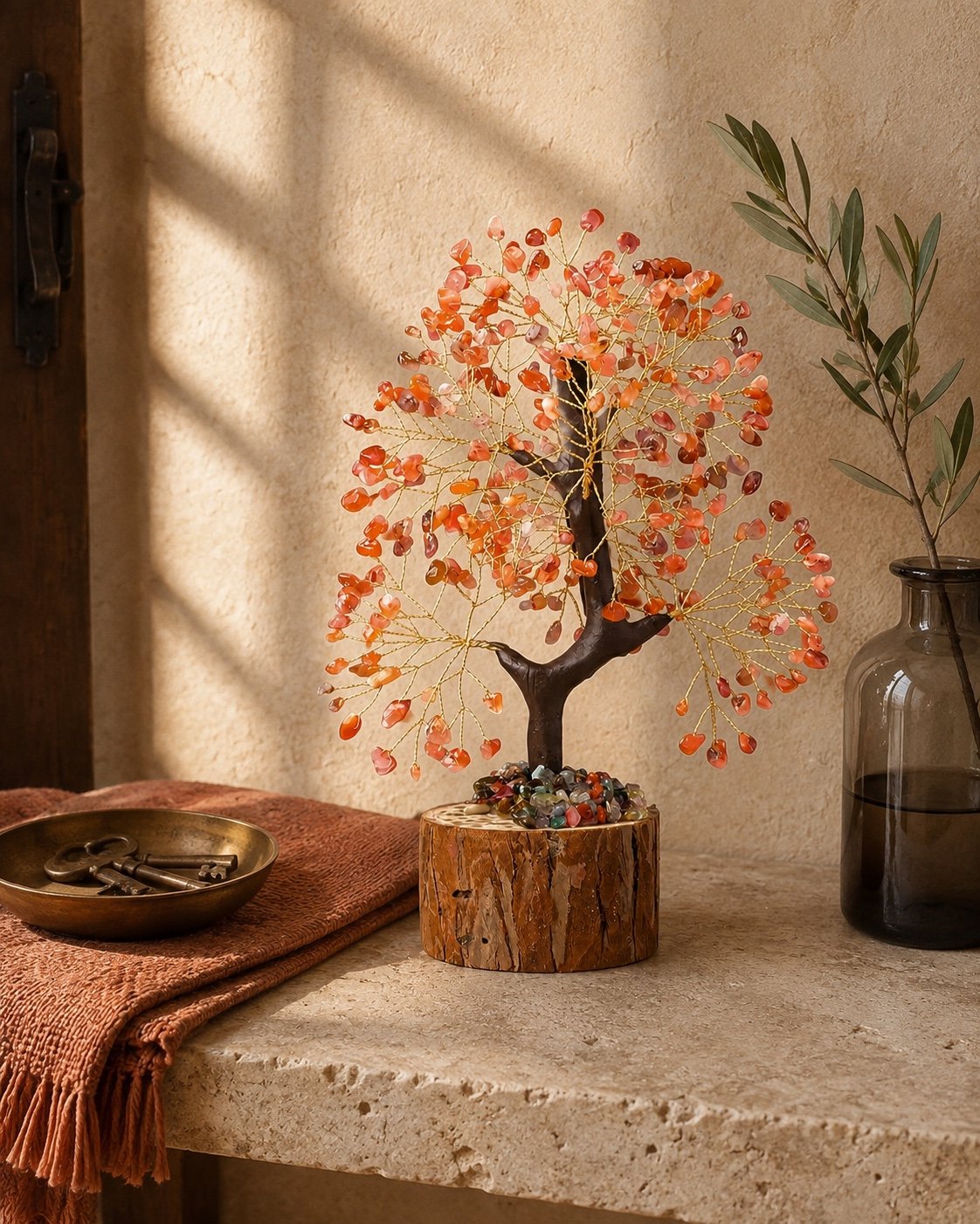 Carnelian gemstone tree on an entryway console